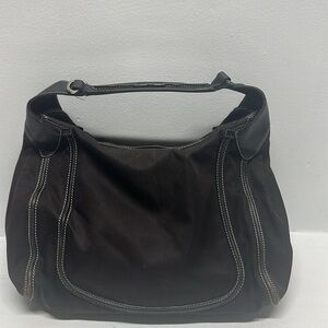 Tods Purse Shoulder Handbag Hobo Tote Bag Leather Nylon Dark Brown Gold Large